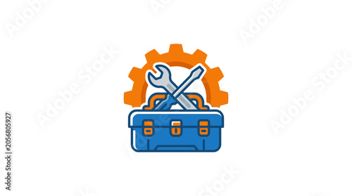 Blue toolbox with crossed wrench.