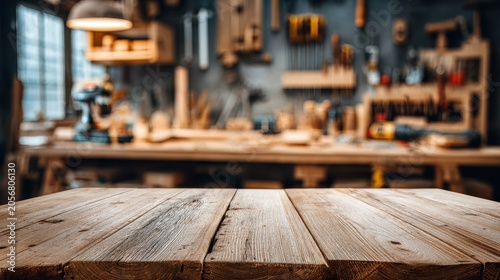 Rustic wooden workbench with blurred carpenter workshop background