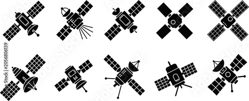 Satellite silhouette icons, space technology vector set, communication equipment illustration, orbit design, astronomy concept, global network art, science graphic