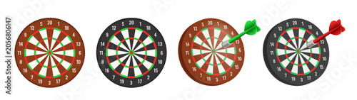 Darts. Darts board with dart in bullseye. Vector 3D isometric illustration.