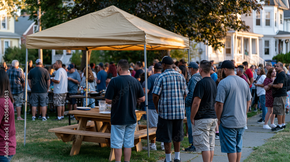 Fototapeta premium Labor Day morning neighborhood scene with families and tradespeople gathered at a community cookout in a park, union worker pride, working-class celebration, seasonal holiday