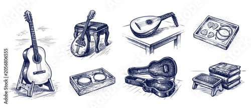 Tableau sur toile Vintage acoustic guitar mandolin illustration set, hand-drawn sketch elements featuring retro musical instruments, strings, picks, case, and lute in classic engraved woodcut style for music artworks