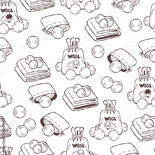 Seamless Pattern Wool Dryer Spheres. Sustainable Laundry Care Items Background. Outline Hand-Drawn