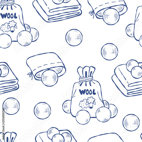 Seamless Pattern Sustainable Laundry Care Items. Outline Wool Dryer Spheres Background. Hand Drawn