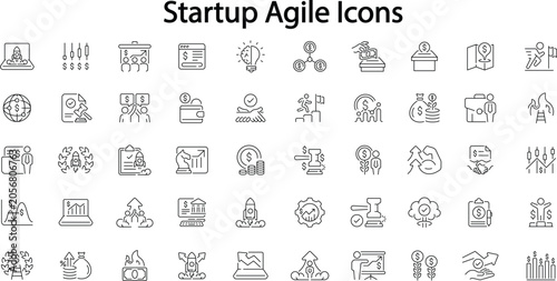 Startup agile line icons. Business project management, financial strategy growth, and launch vector signs set