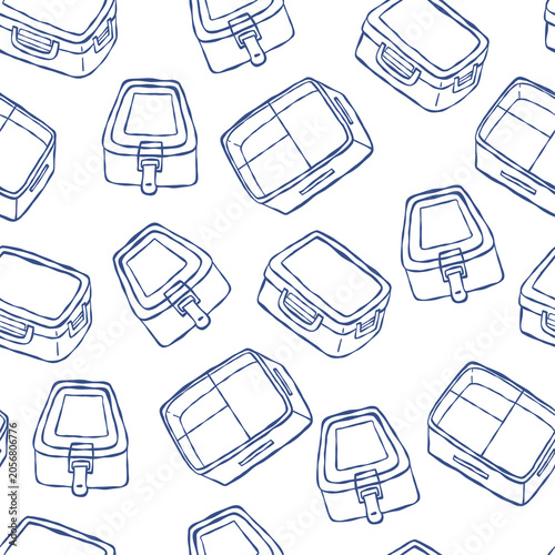 Steel Reusable Lunch Boxes for Meal Prep and Healthy Food Storage Seamless Pattern. Outline Blue Doodle Background