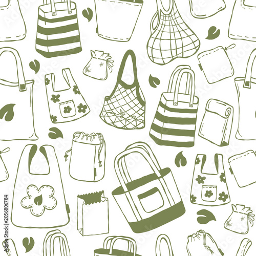 Seamless Pattern with Eco Background. Sustainable Reusable Shopping Totes. Hand Drawn