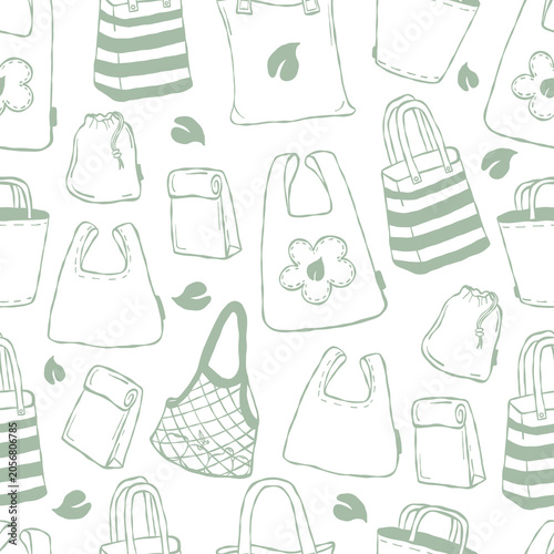 Seamless Pattern Eco Bags and Reusable Shopping Totes. Hand Drawn Sustainable Grocery Packaging, Mesh Background