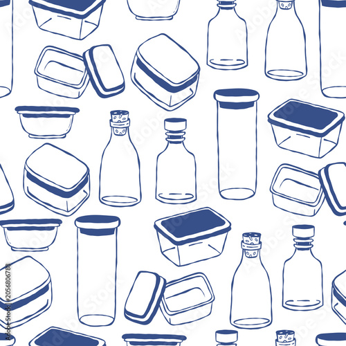 Food Storage Containers and Glass Jars Seamless Pattern. Lunch Box, Bottles Background. Outline Doodle