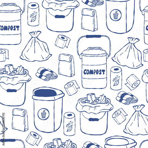 Seamless Pattern Household Waste Management and Composting. Garbage Bin, Bucket, and Trash Bag Roll Background