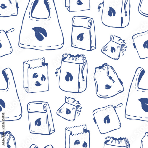 Seamless Pattern of Eco Bag and Reusable Packaging. Outline Hand Drawn Sustainable Shopping Tote Background.