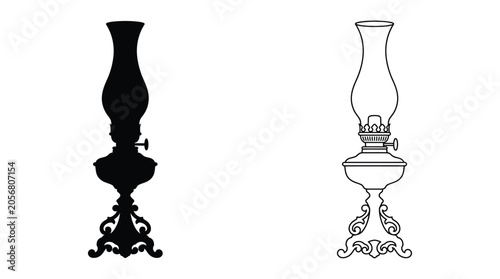 Fotografie Vintage oil lamp silhouette with ornate base black and white graphic