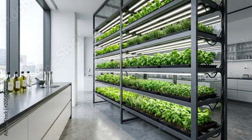 Modern indoor vertical farm with rows of green plants