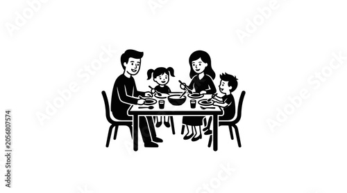 Foto Family eating together at dinner table.
