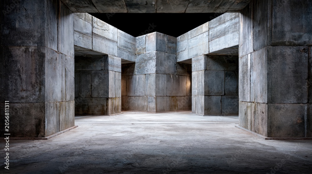 Fototapeta premium Dimly lit concrete structure with intersecting corridors and rough textured walls
