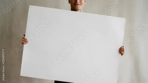 Person Holding Blank Poster Board for Advertising, Marketing Campaigns and Promotional Messages. High-quality professional photograph featuring a person holding a large blank white poster board direct
