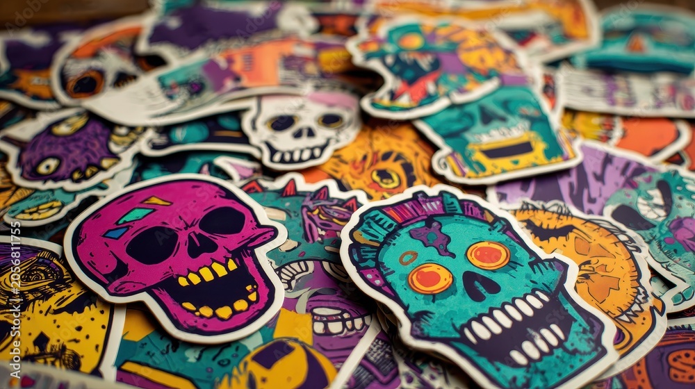 Fototapeta premium Colorful collection of assorted skull and monster stickers
