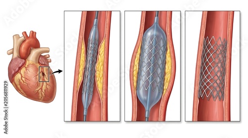 Medical illustration showing coronary artery stent procedure with balloon angioplasty steps inside a human heart for cardiovascular health