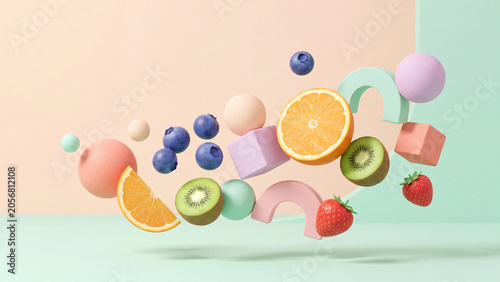Image Title EN: Colorful Fruit and Geometric Objects Floating in a Pastel Space
