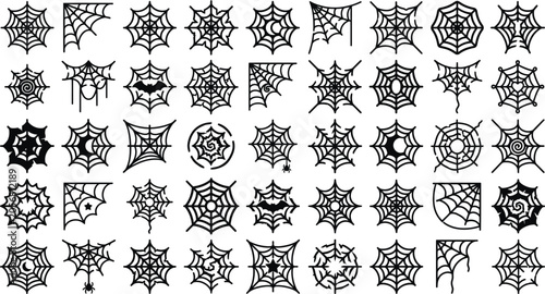 Foto Collection of Halloween-themed spider webs and spider illustrations in black and