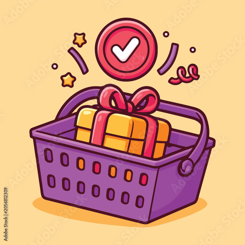 Shopping Basket with Gift Box and Check Mark Cartoon Vector