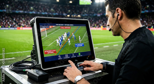 Football referee reviewing VAR monitor for offside check on the stadium sideline