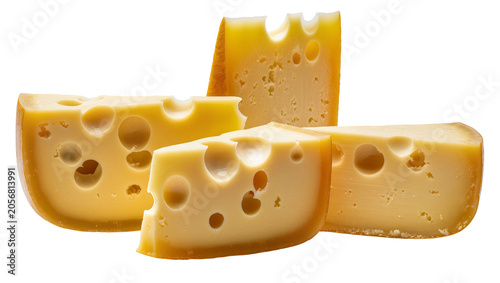 Fényképezés Isolated delicious yellow cheese pieces with characteristic holes, perfect for c