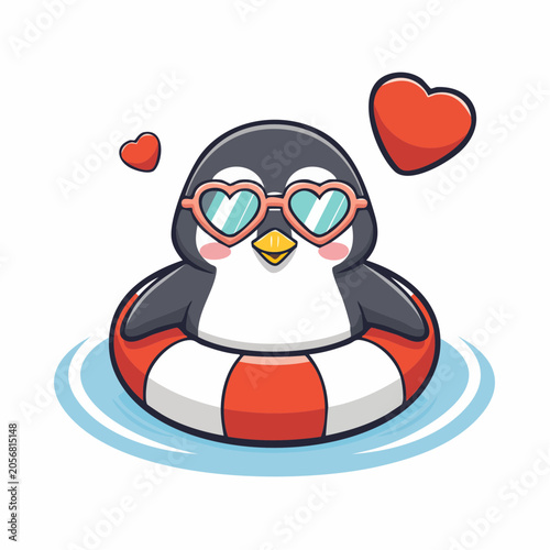 Cute Penguin Wearing Heart Sunglasses Floating on Inner Tube
