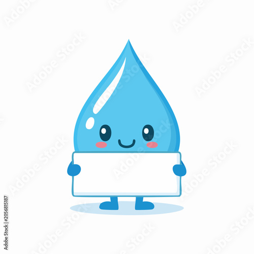 Cute Water Drop Character Holding Blank Sign
