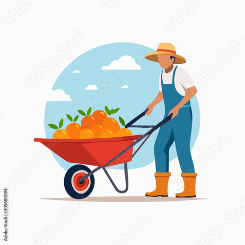 Farmer pushing wheelbarrow full of oranges