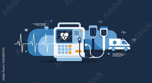 Medical Illustration Featuring Diagnostic Equipment and Emergency Response Vehicle