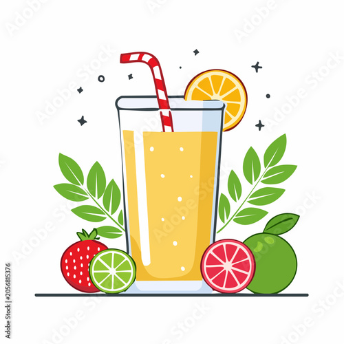 Refreshing Citrus and Berry Juice with Straw and Fruit Garnish