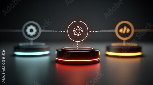Futuristic DevOps pipeline concept with glowing digital icons on circular pedestals representing software development automation, coding, and system integration