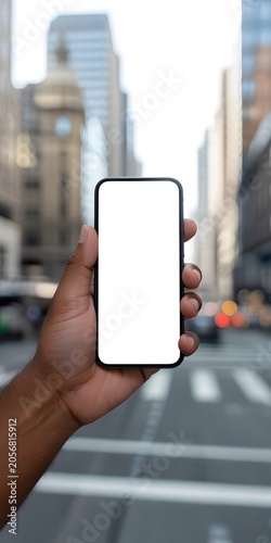 Person Holding Smartphone with Blank Screen for Mobile Marketing, App Promotion and Digital Advertising. High-quality professional photograph featuring a person holding a modern smartphone 