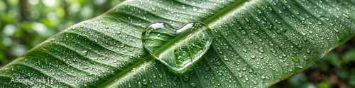 Heart shaped water drop on green leaf. Nature symbol of love and ecology. Fresh morning dew on plant surface. Concept of sustainability, wellness, life and environmental protection.
