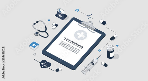 Medical Illustration Featuring Healthcare Icons and Patient Information Sheet Isometric