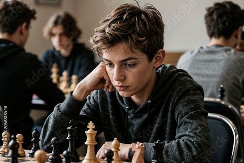 Young Chess Player Contemplating the Next Move at a Tournament for International Chess Day
