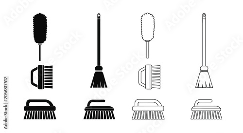 Billede på lærred Variety Of Cleaning Brushes And Brooms In Black Silhouette