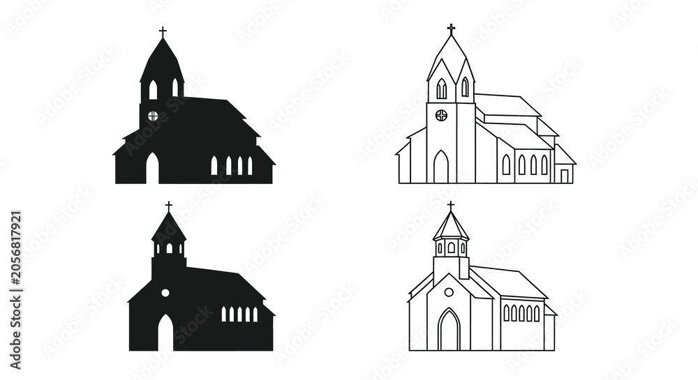 Naklejka premium Church Building Silhouettes Black And White Line Art Silhouette