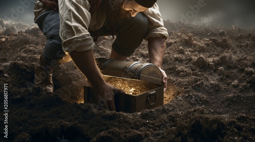 A man uncovering a hidden treasure chest beneath freshly plowed soil, Parable of the Hidden Treasure