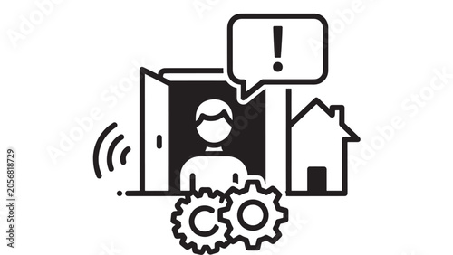 Photos Person in Doorway with Speech Bubble and Exclamation Mark, Gears Icon, Stylized