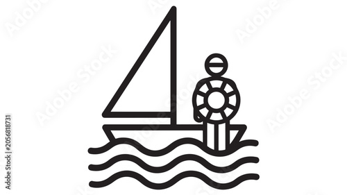Bild auf Leinwand Lifebuoy Icon on Sailboat Illustration with Wavy Water Lines for Safety and Mari