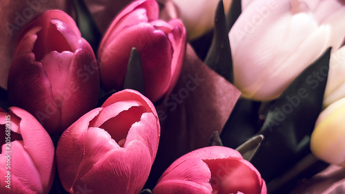 Konstfotografi close up of artificial pink and white tulips bouquet