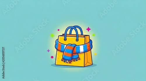 Yellow shopping bag with striped winter scarf cartoon illustration