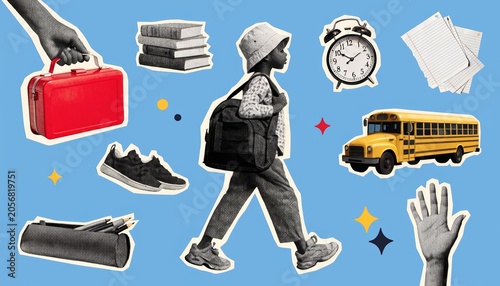 Back to school collage with walking child, bus and supplies on blue background for education banner design