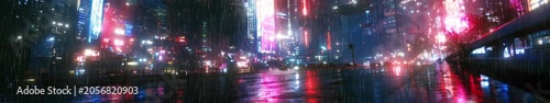 Futuristic Cyberpunk City at Night in Rain with Neon Lights Reflection on Wet Streets — Widescreen Sci-Fi Cityscape Loop