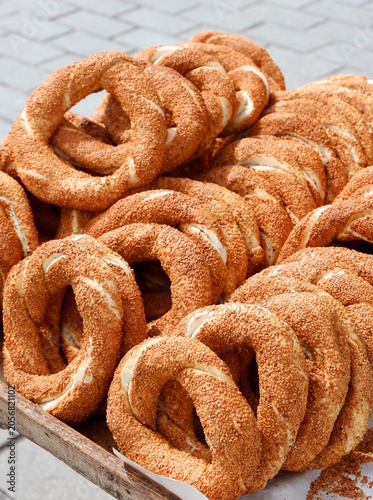 Turkish Bagel Simit with sesame, traditional street food pastry of Turkey