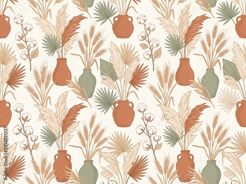 Boho seamless pattern with dried flowers pampas grass cotton twigs and palm leaves in clay ceramic vases