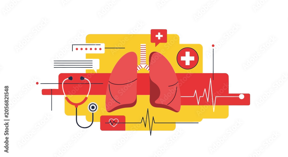 Naklejka premium Medical Illustration Featuring Lungs, Healthcare Symbols and a Detailed Stethoscope Display