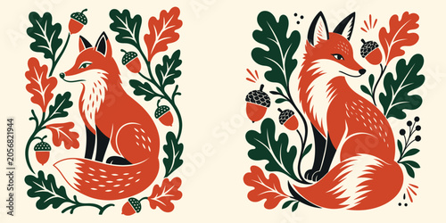 Set of Scandinavian folk art illustrations featuring a red fox sitting among autumn oak leaves and acorns.
